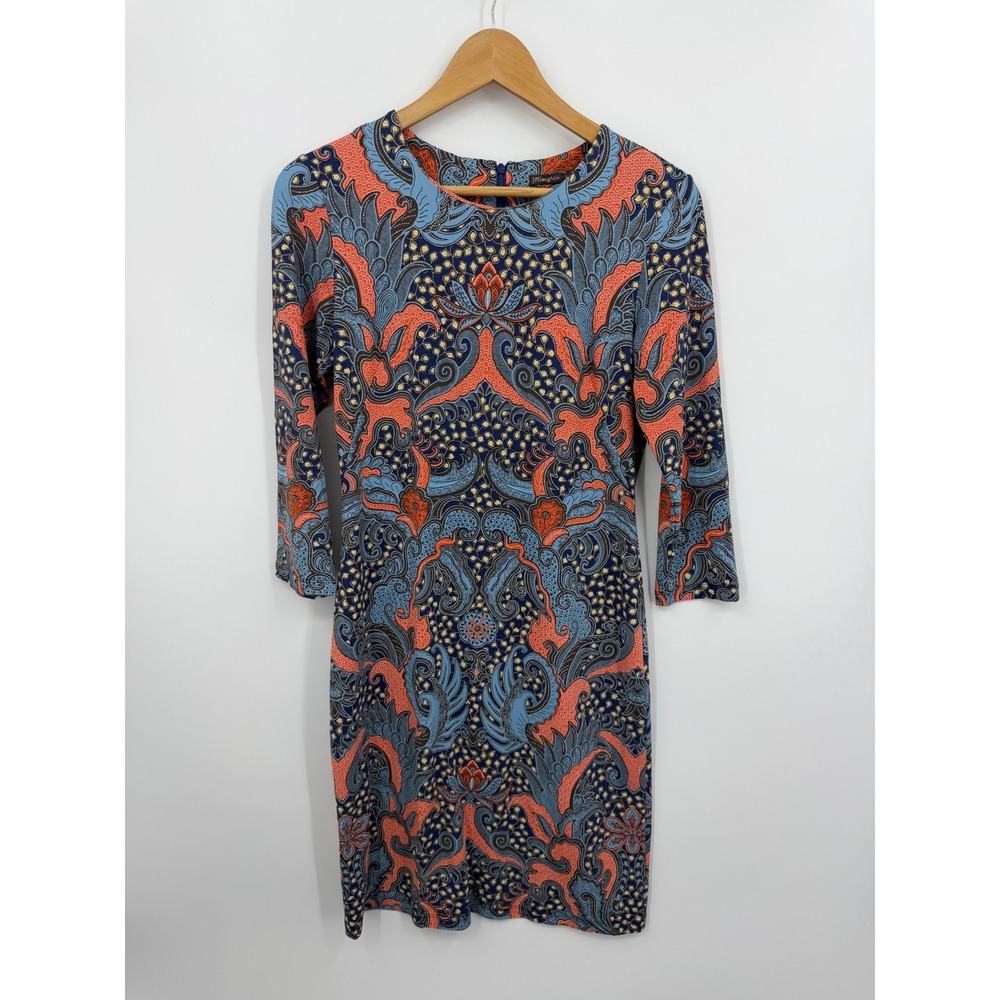 J.McLaughlin Sophia Sheath Dress S Blue Orange Paisley 3/4 Sleeve Catalina cloth